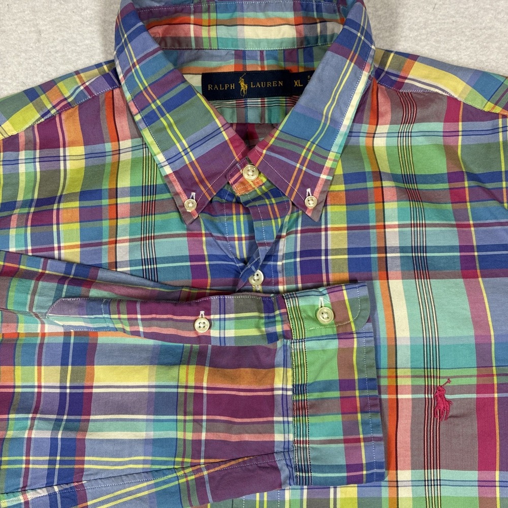 Polo Ralph Lauren Rainbow Plaid Long Sleeve 100% Cotton Shirt Mens XL Preppy